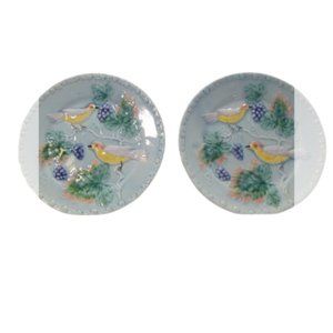 German Majolica Turquoise Ceramic Plates 8.75" Birds Grapes/Vines ZELL 1907-1928